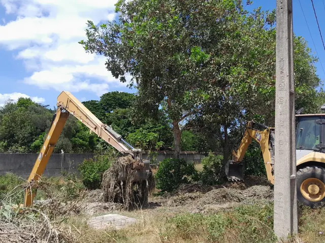 Escavadeira de longo alcance e retroescavadeira Caterpillar limpando terreno